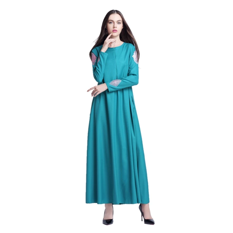 Для женщин Элегантный мусульманин одноцветное Цвет печати невидимые молнии платье свободная талия юбка длинный рукав шею халаты кардиган