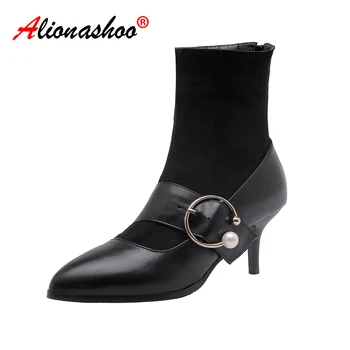 

2019 New pattern High-heeled Coarse Thin heels Martin boots Frenulum Waterproof Thick bottom Large code white Women Boots 34-48