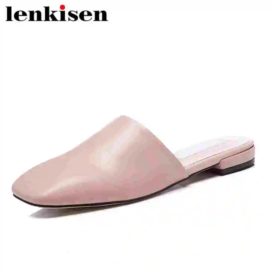 

Lenkisen 2018 graceful lady solid slip on cow leather square toe solid low heels outside slipper walking sweet women mules L50