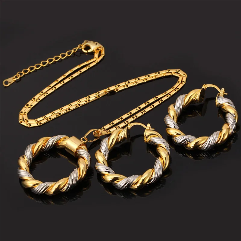 U7 Two Tone Gold Plated Pendant Necklace & Big Round Hoop Earrings Women Jewelry Sets S544