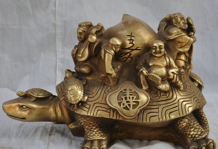 

S5371 10" Chinese Brass Immortal BaXianGuoHai 8 God Shou Peach On Shou Turtle Statue D0318