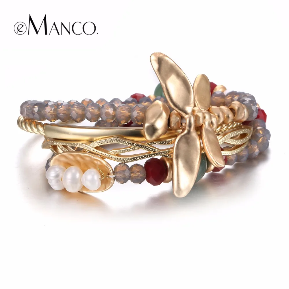 eManco Vintage Multilayers Dragonfly Bracelets & Bangles for Women Crystal Semi-precious Stones & Pearls Bracelets Jewelry