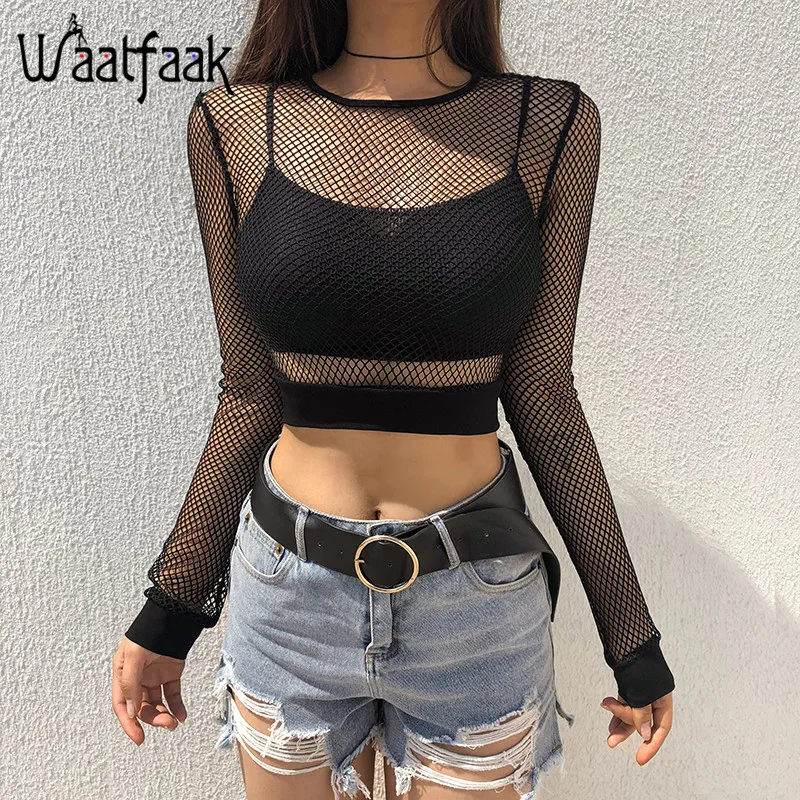 Waatfaak, прозрачная Сетчатая футболка, прозрачная, сексуальная, длинный рукав, о-образный вырез, черная, облегающая, уличная одежда, клубный кроп-топ, пэчворк, кавайная футболка