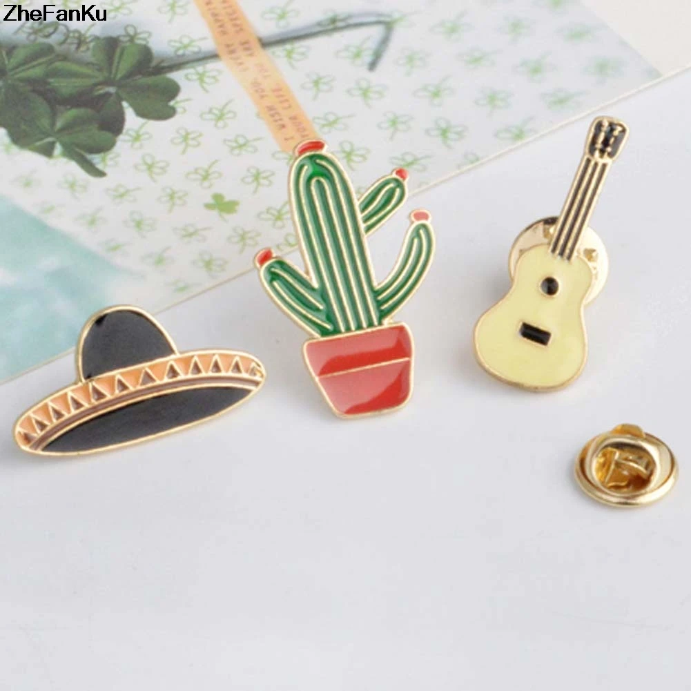 1Piece Hat Guitar Mexican Cactus Enamel Pin Badge Metal