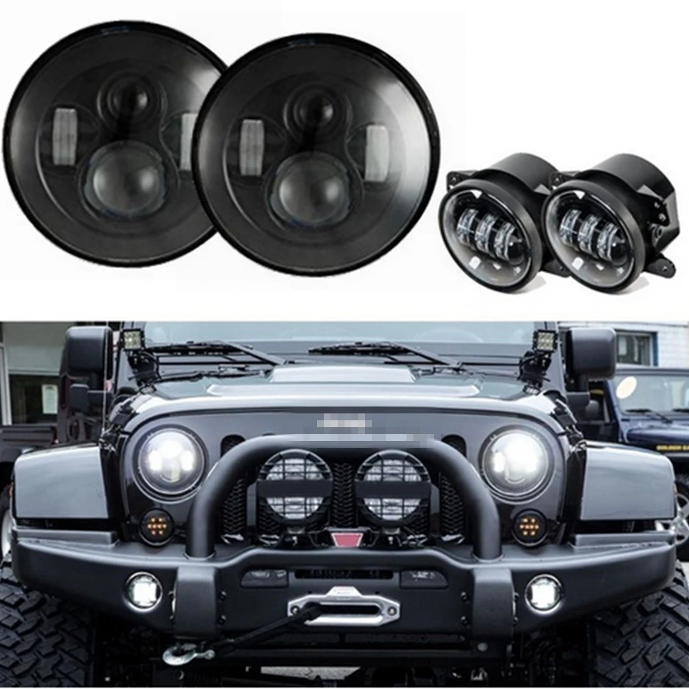 

Black 7 Inch Round LED Headlights with Black 4 Inch LED Fog Lamps for Jeep Wrangler JK TJ FJ Unlimited