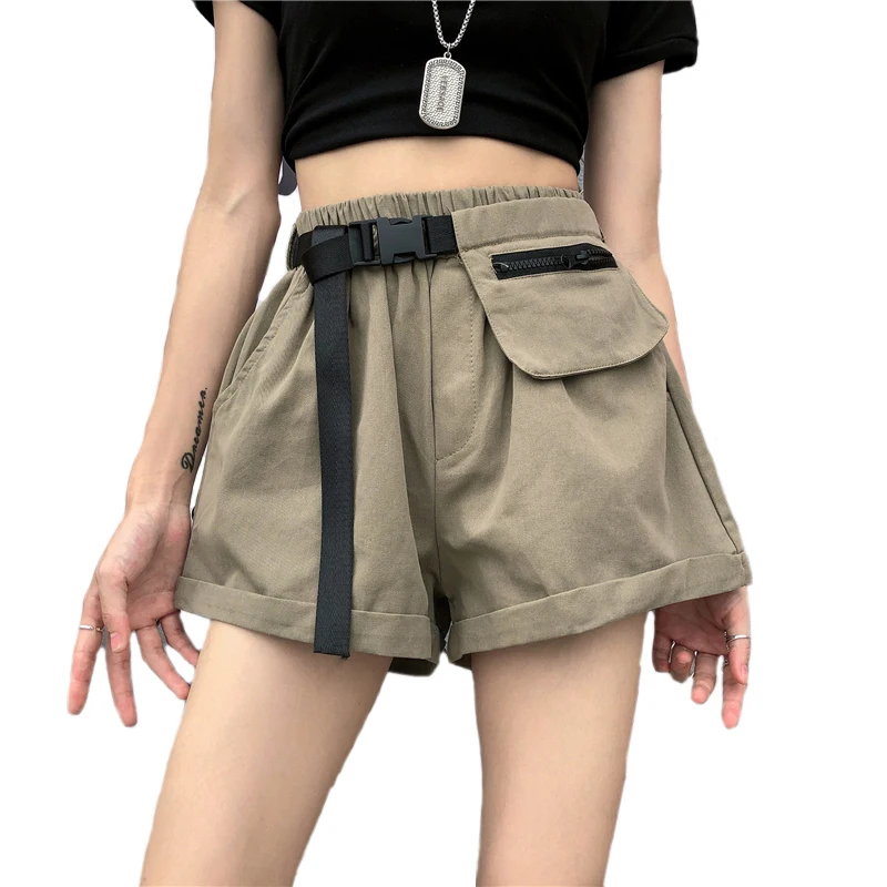 

Streetwear Women's High Waist Cargo Shorts with Belt.Safari Style Ladies Multi-pocket Short Pants Summer Loose Women Shorts