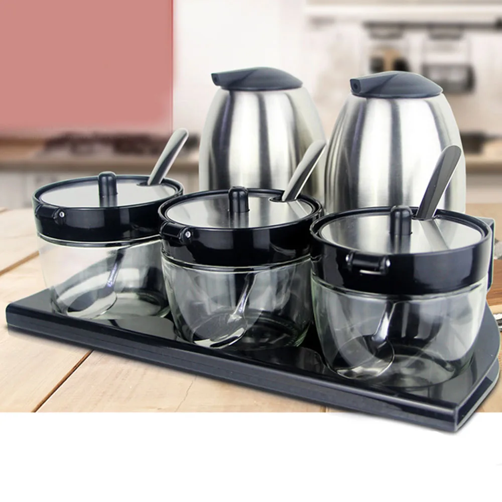 

5pcs Kitchen Supplies Apple Shape Stainless Steel Condiment Pot Spice Container Salt Sugar Bowl Serving Jars