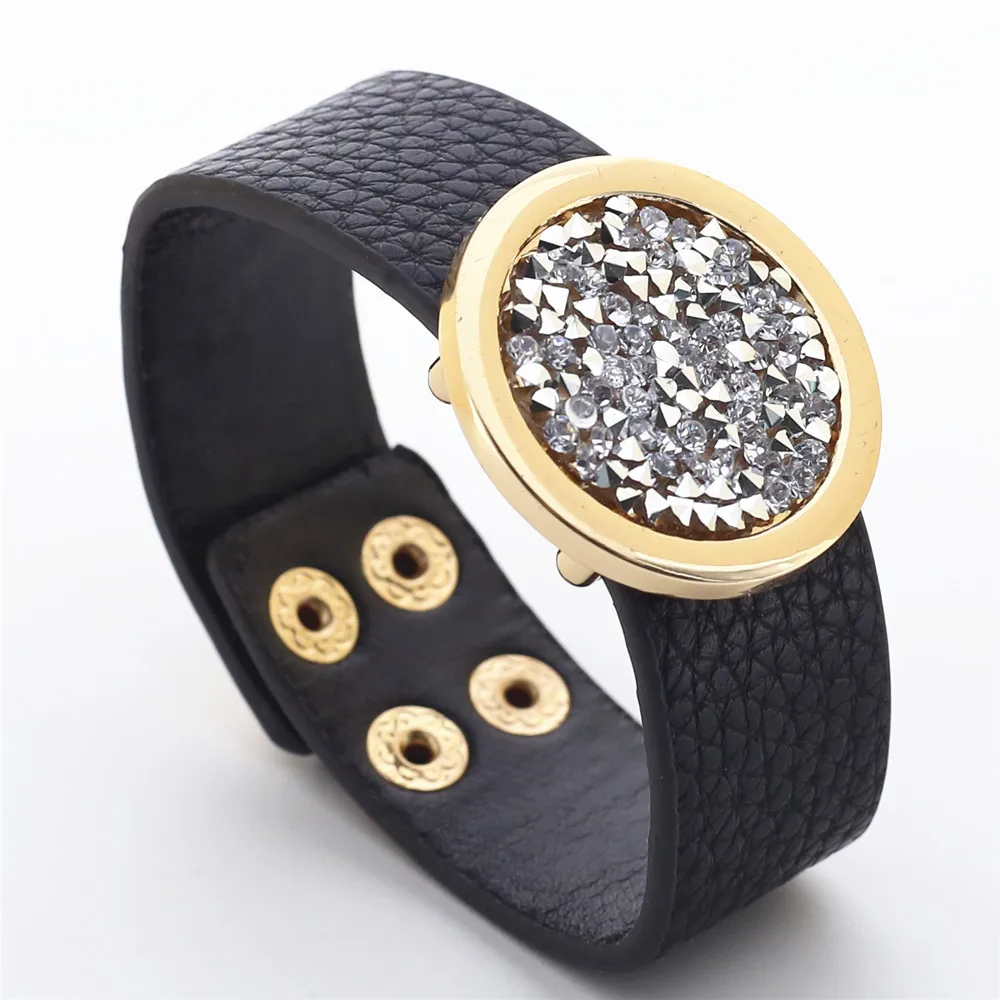 

Rhinestone Black Big Round Circle Handmade Khaki Leather Bracelets Women Fashion Girl Bangle Female Jewelry New Hot Style