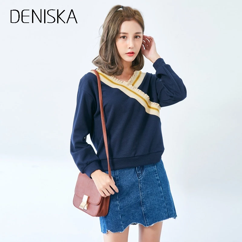 Дениска Striped Varsity Обрезки кабеля вязаный джемпер с v-образным вырезом Свободные