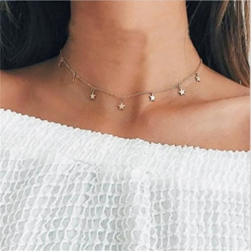 

Fashion Woman Jewelry Women Chocker Gold Silver Chain Star Choker Necklaces Five-pointed Star Pendant Necklace Free Shipping