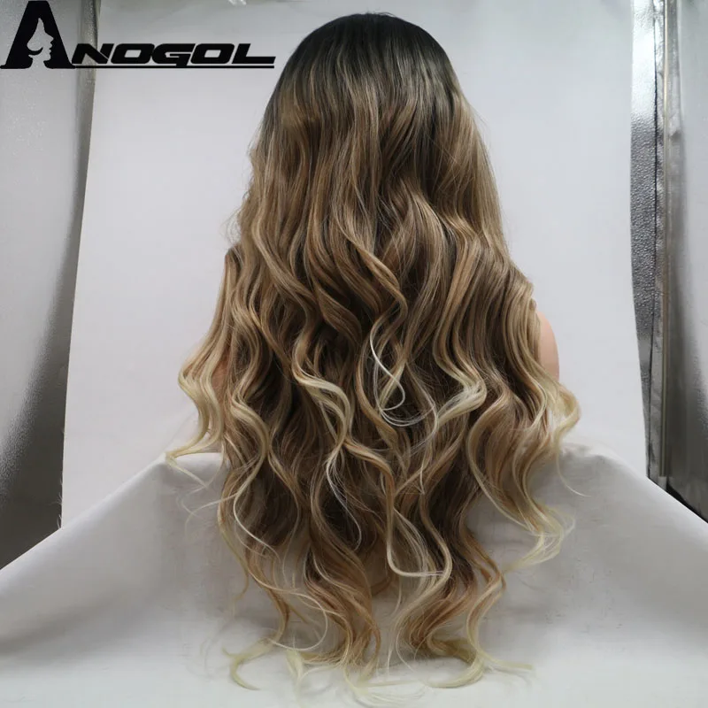 Anogol черный Омбре блонд высокотемпературное волокно Peruca Cabelo глубокие длинные объемные волнистые волосы парики синтетический кружевной передний парик для женщин