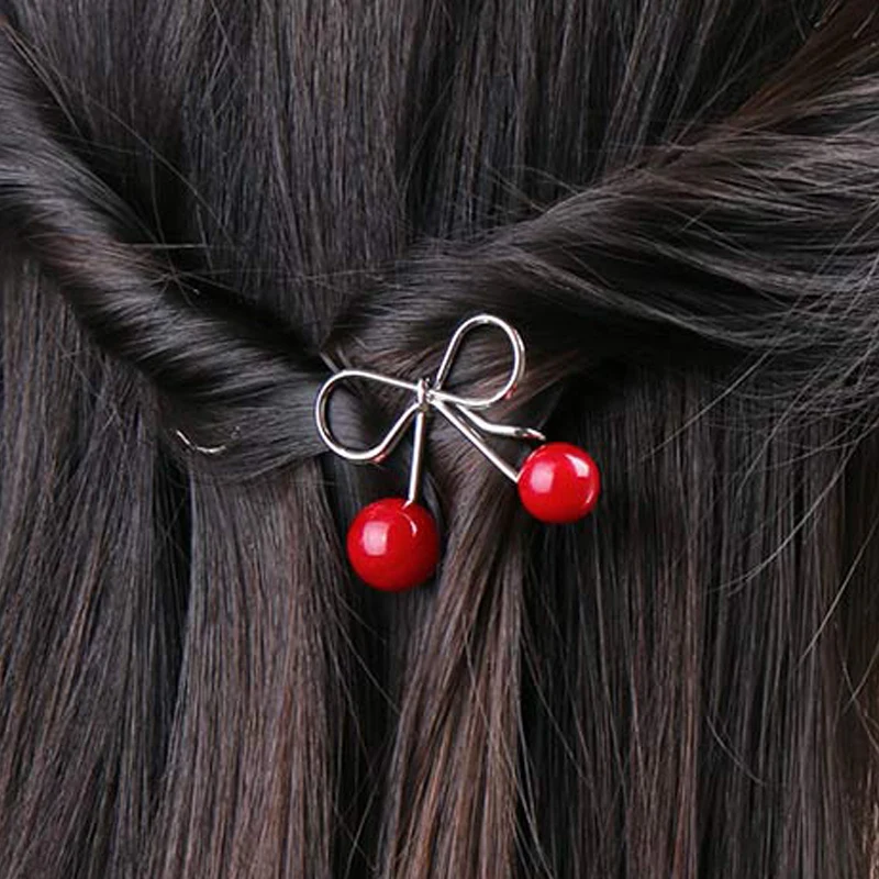 

Fashion Red Cherry Bow Hair Clip for Women Elegant Korean Design Snap Barrette Stick Hairpin Hair Styling Alloy Accessories