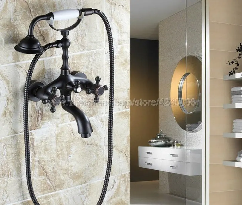 Тосканская бронза смеситель для ванной комнаты телефон Стиль Смесители для ванной с двойной ручкой Ванна Душ смеситель с ручным душем Ktf041