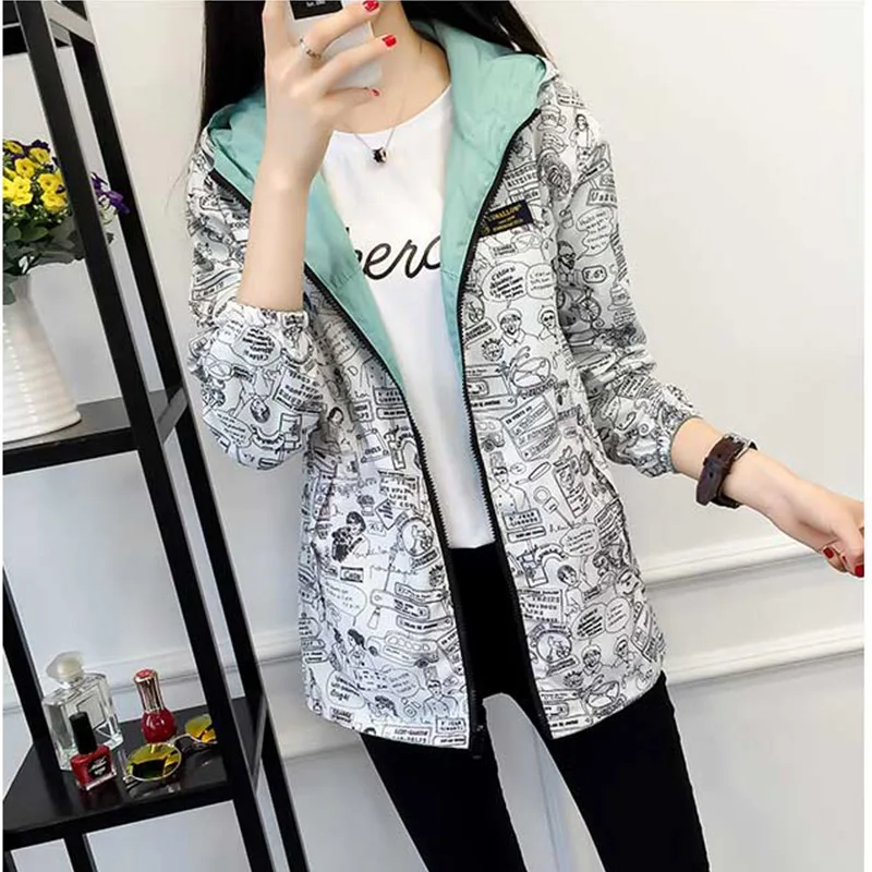 2018 Spring Autumn Women Basic Jacket Pocket Zipper Hooded Two Side Wear Cartoon Print Outwear Loose Coat Windbreaker Female