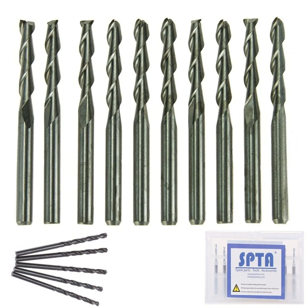 SPTA 10PCS 1/8" 22mm Carbide Flat Nose End Mill CNC Router Bits Double