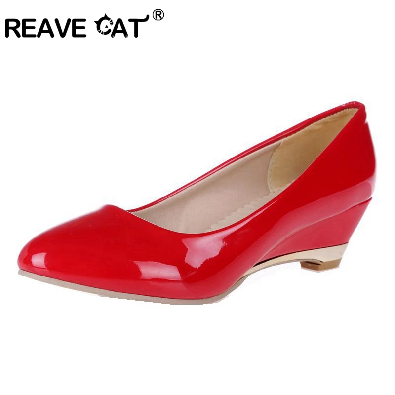 

REAVE CAT Plus size 30-48 Spring autumn Women's shoes Wedges Low heels Pumps Patent Pointed toe White Red Yellow Black QL3958