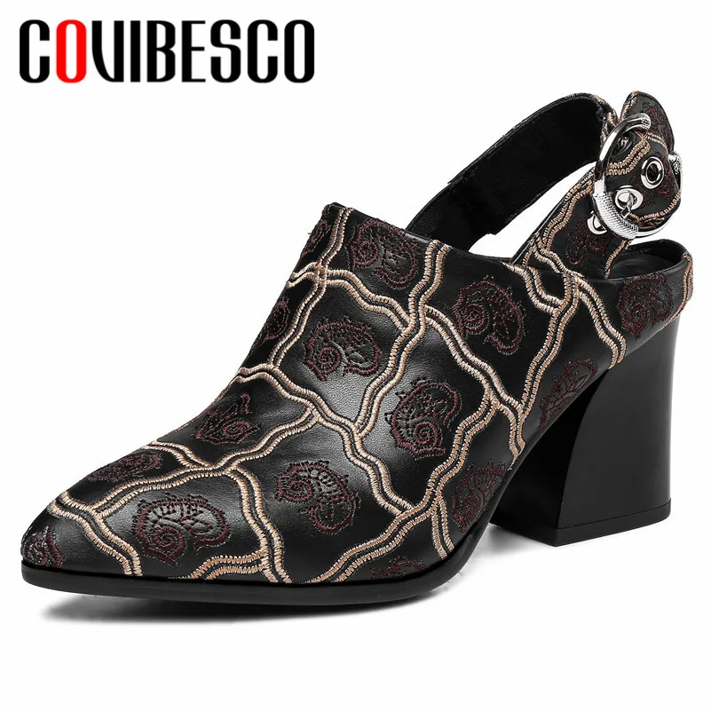 

COVIBESCO 2019 Vintage Pointed Toe Women Pumps Embroider Genuine Leather Spring Summer Single Sandals Party Office Shoes Woman