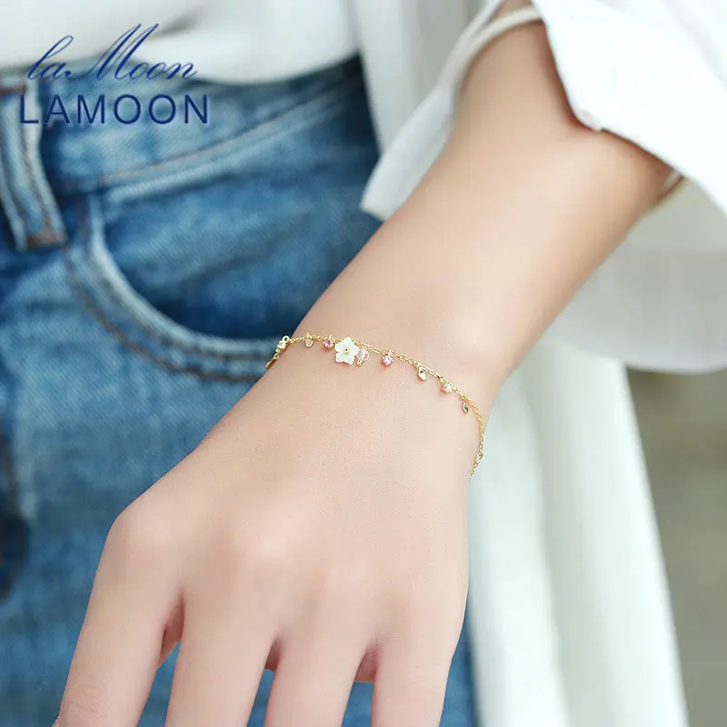 LAMOON Bracelet For Women 100% Natural Gemstone Red Corundum Shell Flower 925 Sterling Silver Jewelry Charm Fine Jewelry LMHI056