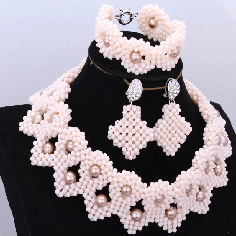 

African Beads Jewelry Set Nigerian Wedding African Beads Beige Plant Crystal Necklace Set 100% Handmade Bridal Jewelry Set 2018