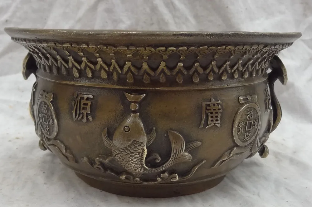 

Tibet Bronze Copper 5 Mammon God Fish RuYi Statue Bowl Incense Burner Censer