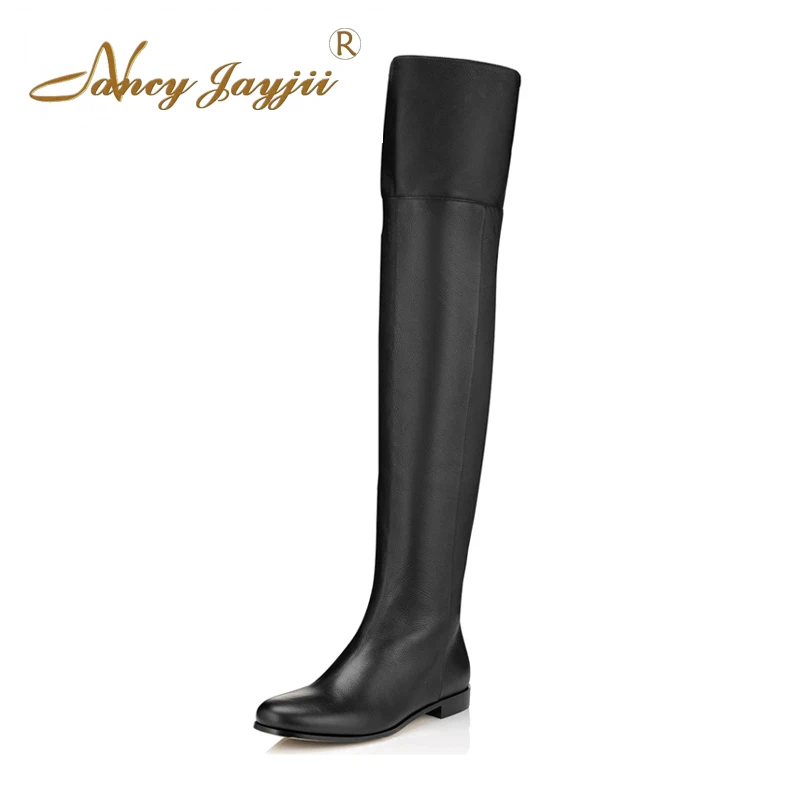 

Genuine Leather Boots Round Toe Handmade Black Brown Low-Heeled Over The Knee High Boots Dress Casual Shoes Women Nancyjayjii