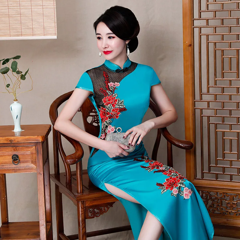 Женское Летнее Длинное Платье-туника, китайское традиционное платье, Cheongsam mordern, красный, синий, цветочный узор, китайский костюм tang Qipao