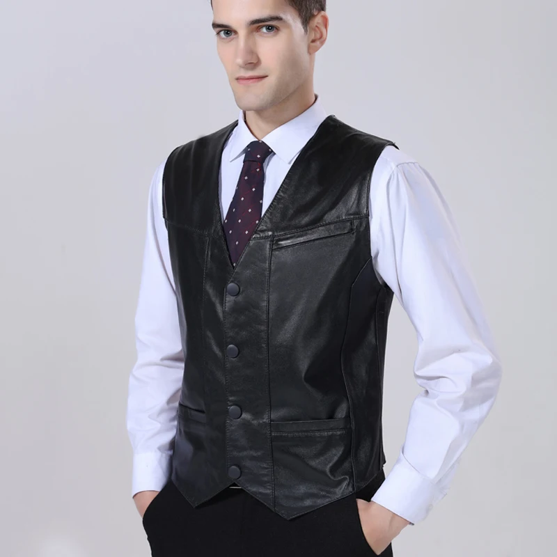 2018 Autumn Winter Genuine Leather Vests Sleeveless Leather Jacket Men