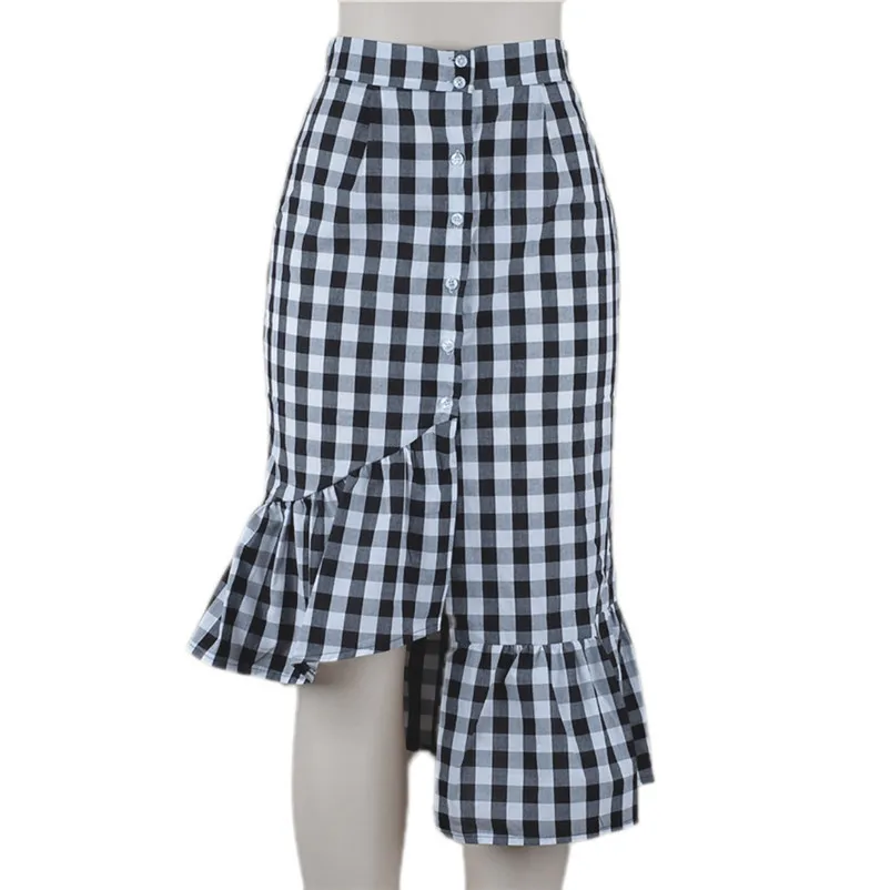 New Fashion 2018 Summer style skirts womens Plaid Casual Ruffled Button Party Slit High Waist Mid-Calf Skirt Femme Saia Y18#N (10)