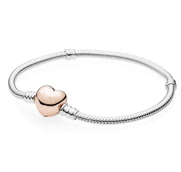 

925 Sterling Silver Rose Heart Clasp Snake Chain Pan Bracelet Bangle Fit Women Bead Charm Diy Europe Jewelry