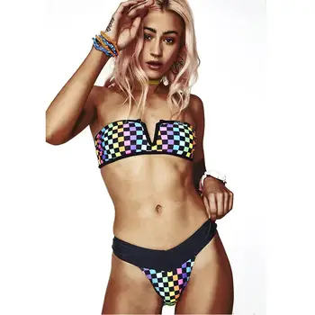 

Swimsuit Summer Sexy Grid Colorful Women Bikini Set V-neck Split Swimsuit Brazilian Multi-color Swimwear Bikini Women