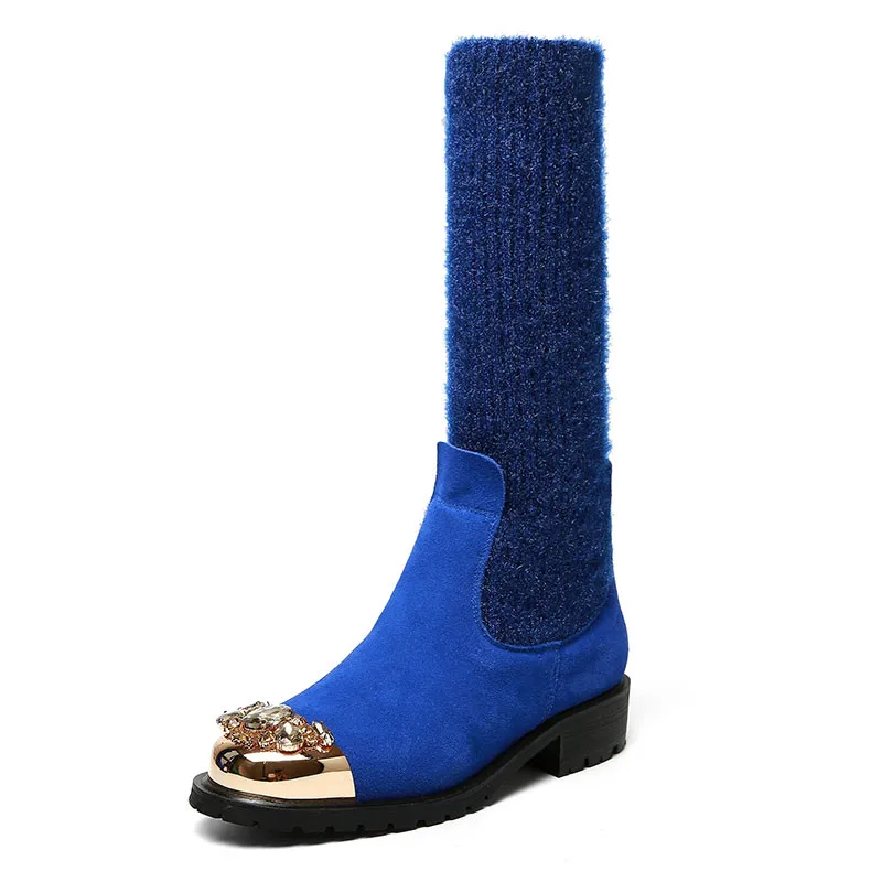 MORAZORA/; Новое поступление; сапоги до середины икры; женские сапоги из коровьей замши; эластичные носки; осенние сапоги с круглым носком; модная женская обувь - Цвет: Синий
