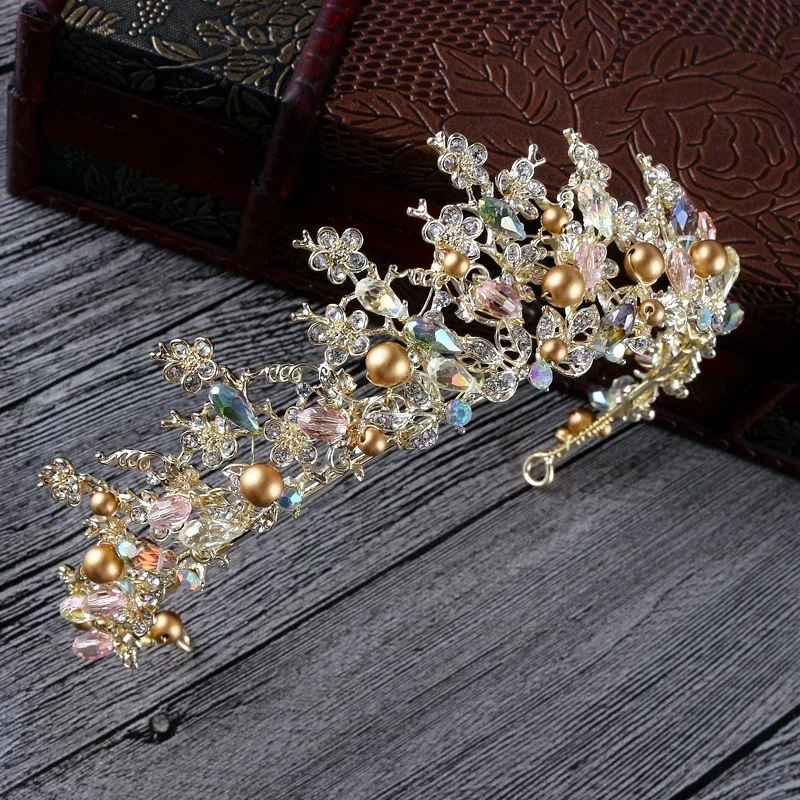 Pink Gold Color Pearl Bridal Crowns Handmade Tiara Bride Headband Crystal Wedding Diadem Queen Crown Wedding Hair Accessories