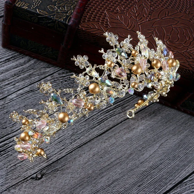 Pink Gold Color Pearl Bridal Crowns Handmade Tiara Bride Headband Crystal Wedding Diadem Queen Crown Wedding Hair Accessories hair accessory,hair headdress,bridal headwear,hair band crown