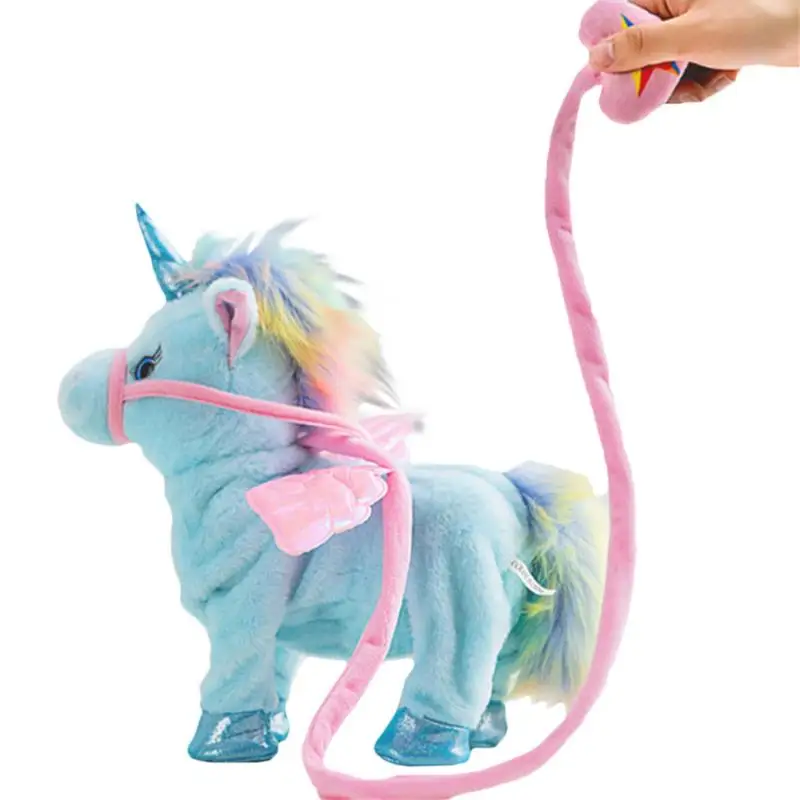 Милый Единорог поводок Летающая лошадка с куклой может ходить может спеть Электрический Дракон плюшевая игрушка лошадь - Цвет: Синий