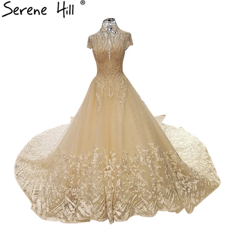 Champagne Color Lace Wedding Dresses Diamond Pearls Short Sleeve Sexy