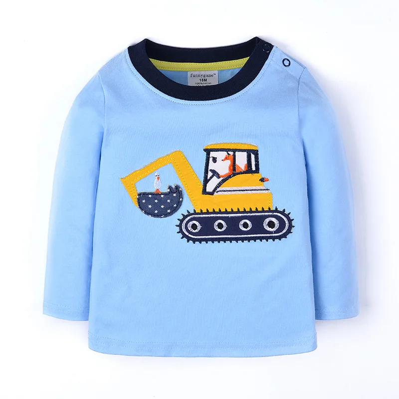 

2019 Spring Autumn Boys Girls Cartoon Machine Kids Long sleeved tshirt top blue colour 6pcs/lot