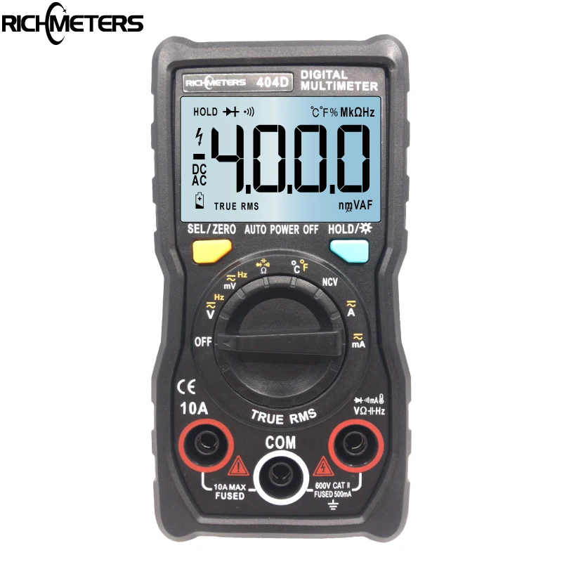 

RICHMETERS 404D Mini Digital Multimeter Temperature Auto-Ranging True-RMS intelligent NCV 4000 Counts AC/DC Voltage 10A Current