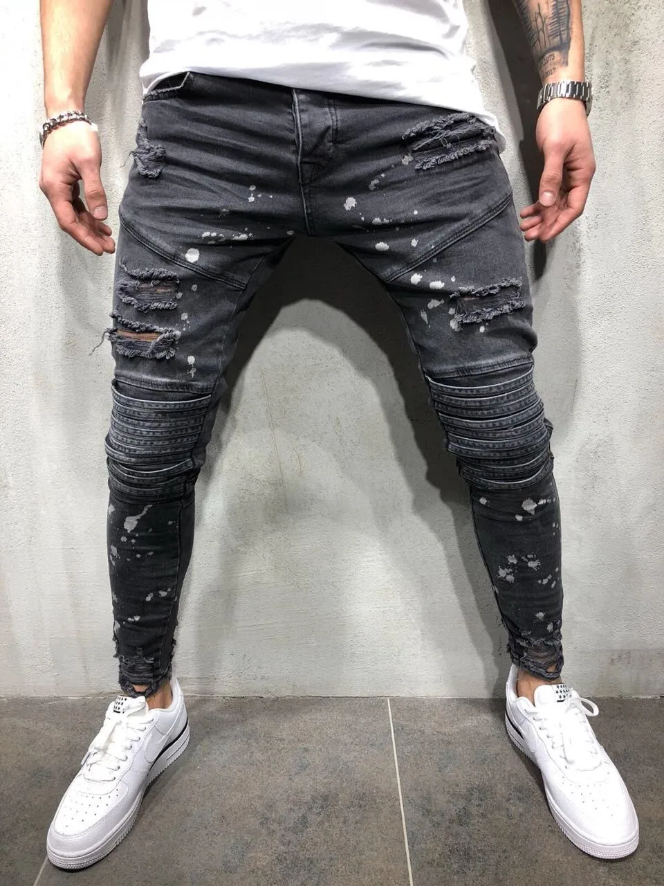 

QoolXCWear Gray Jeans men Ripped Biker Jeans Men Hole Hip Hop Brand Skinny Pleated Patchwork Male Jeans