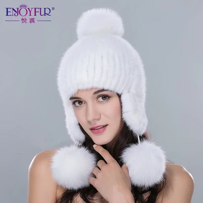 Женская шапка бини с ушами ENJOYFUR, теплая вязаная шапка из натурального меха норки с меховым помпоном на зиму - Цвет: Color 04 white