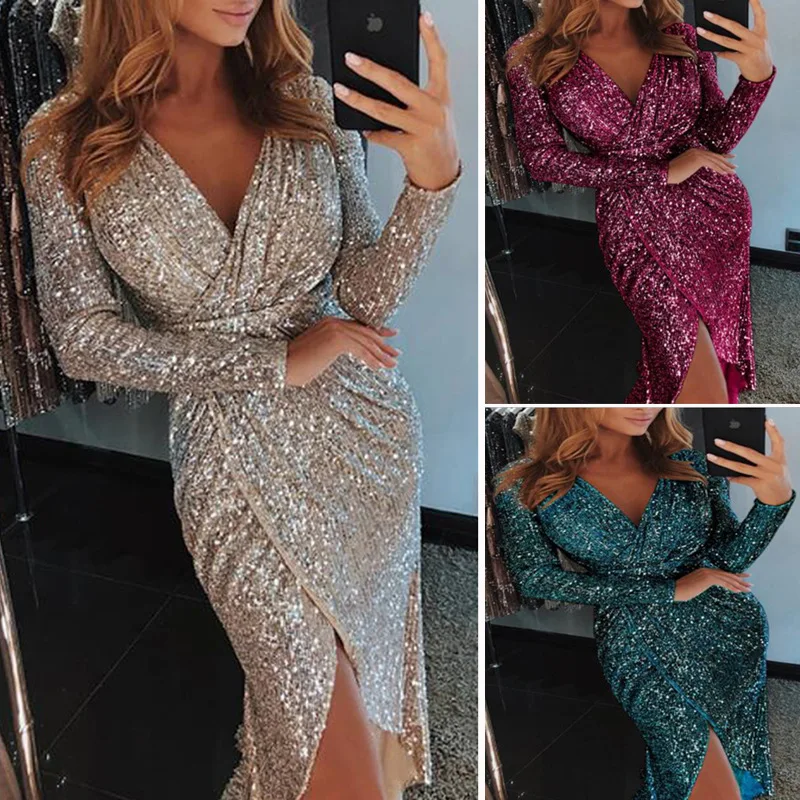 

Women Glitter Sequined Midi Plus Size Dress Clothes Sexy Dresses Long Sleeve Deep V Neck Package Hip High Split Party Vestidos