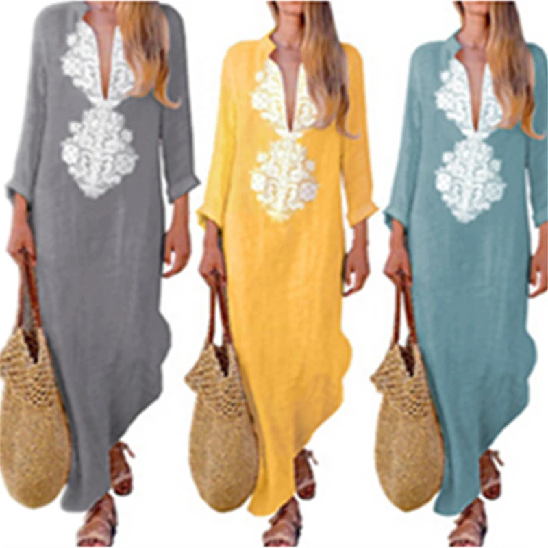 

2018 Hot Sale Sexy Women Deep V Neck Floral Print Asymmetrical Long Maxi Dress Plus Sizw XL