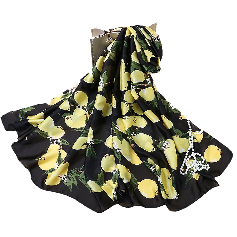 

Women Silk Scarf Black White Lemon Prints Chiffon Silk Scarves 180x90cm Travel Holiday Beach Bikini Cover ups Sarong Pareo