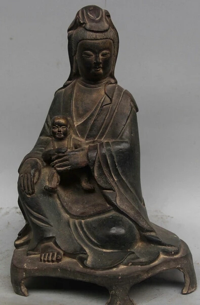 

JP S0522 10' Old Chinese Buddhism Bronze seat Kwan-yin Guan Yin goddess bring Boy statue