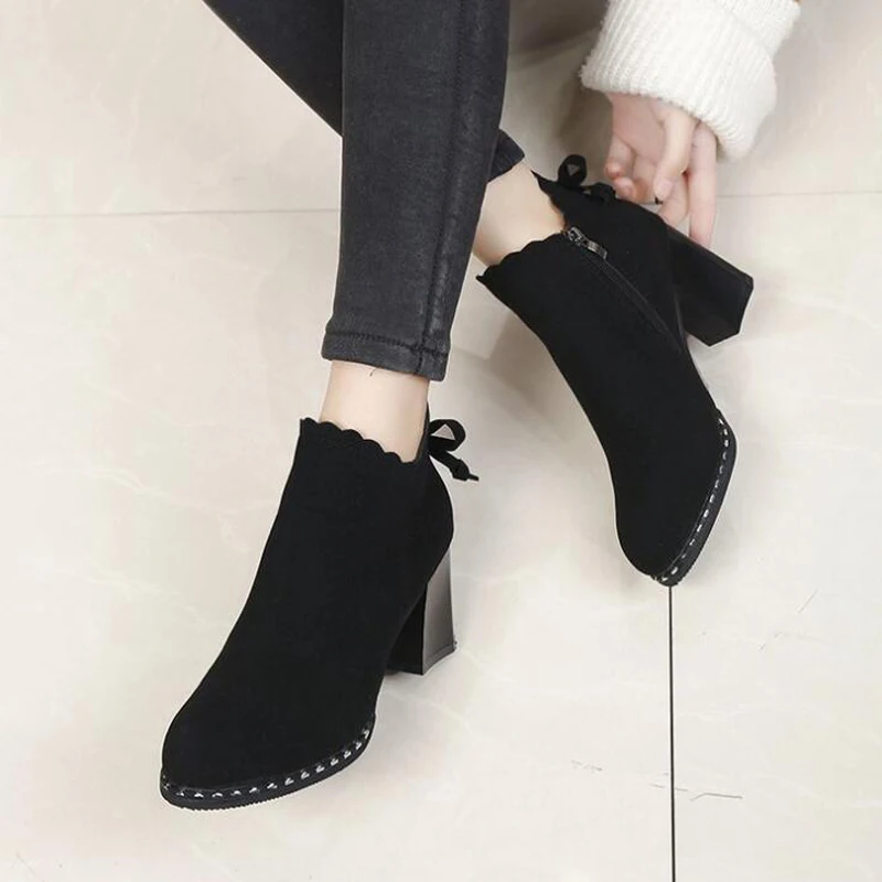 

New 2019 Women Boots Butterfly-knot Flock Ankle Boots Heel High Women Boots Thick Warm Fur Winter Warm Shoes Zapatos De Mujer