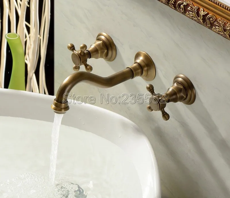 3pcs Antique Brass Dual Cross Handle Bathroom Faucet Wash Basin and