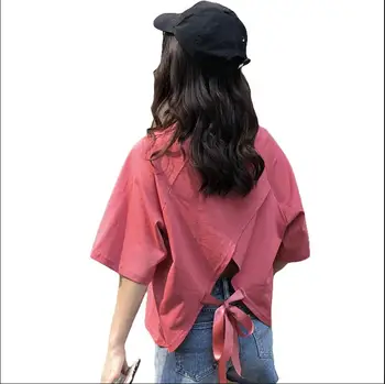 

Summer new retro backless loose short-sleeved t-shirt