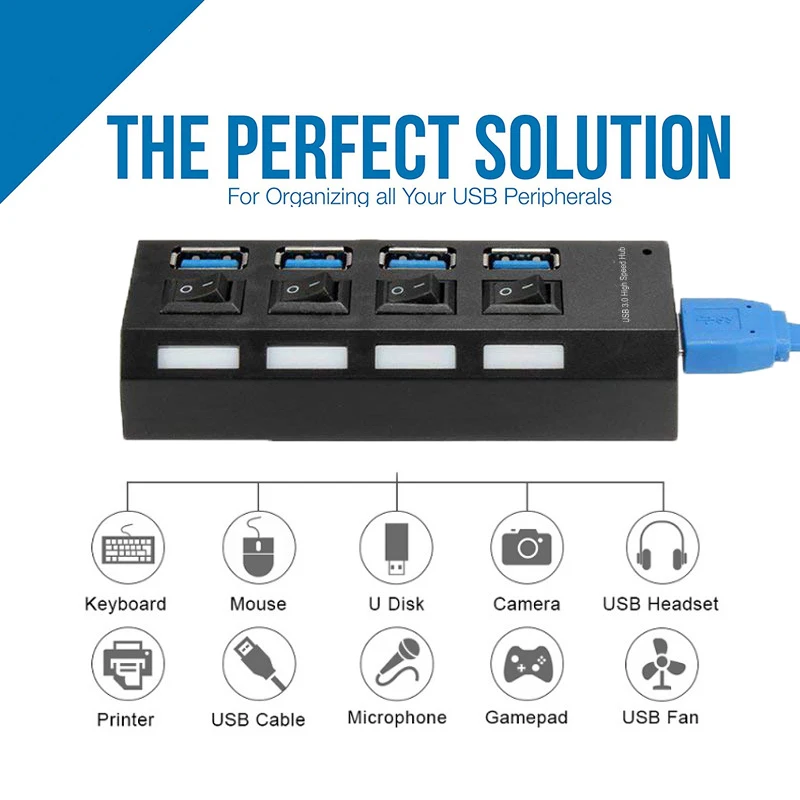 USB 3 0 High Speed Splitter 4 Ports LED on off Switch Portable USB HUB 3 4