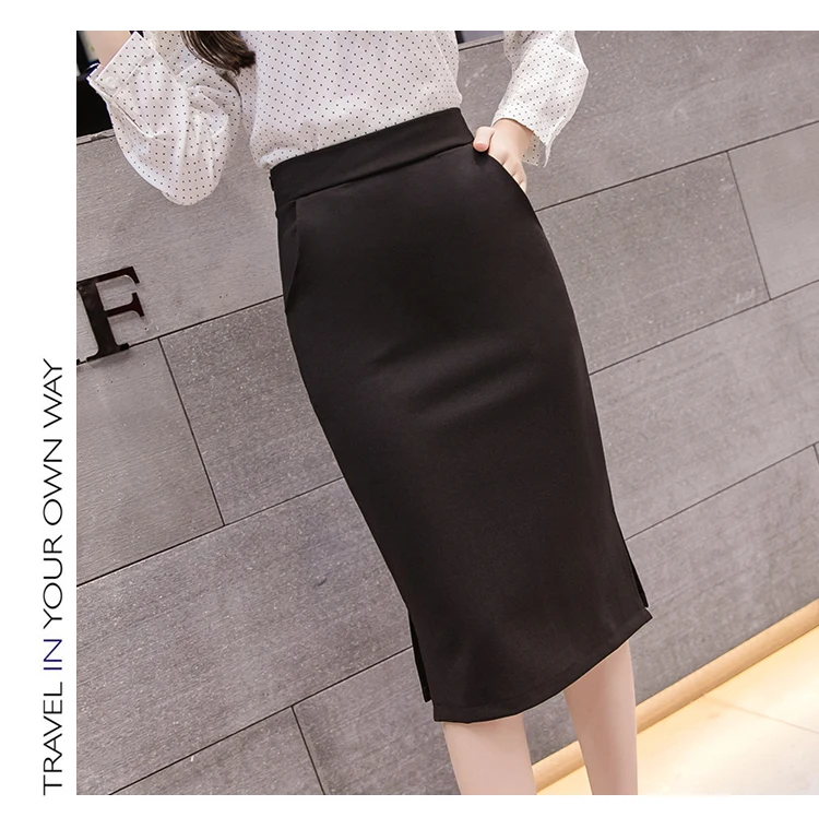 S-5XL Plus Size New Fashion Elegant Women's Midi Pockets Skirt Slim OL Sexy Open Slit Pencil Skirt Knee-Length Office Lady Skirt