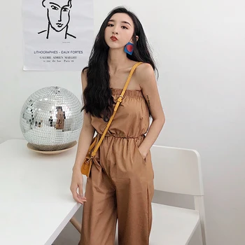 

Summer 2019 Korean version fashionable retro style Brooch collar Shoulder-exposed pants show thin broad-legged pants BWK6491