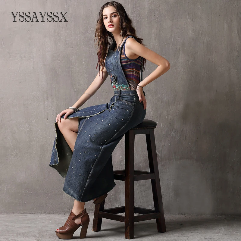 

YSSAYSSX Vintage Embroidered Split Fashion Dress New High Waist Strap Sanding Denim Dress Solid Color Embroidery A-Line Dress